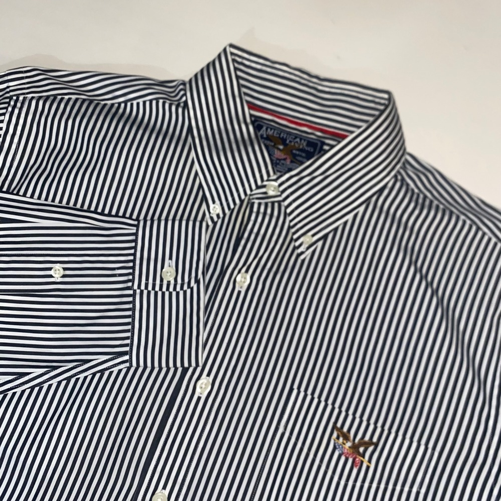 American Living Men Navy Blue White Striped Button Down Shirt Large Cotton Eagle